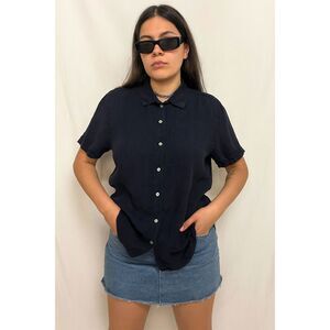 120% Lino Black Linen Button Up Short Sleeve Blouse Shirt   Women's Size Small